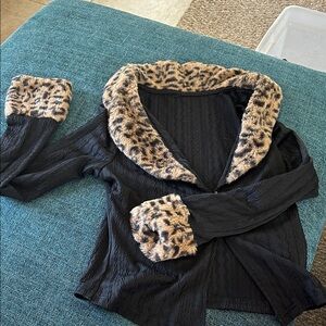 Black Cardigan with Leopard Print Trim